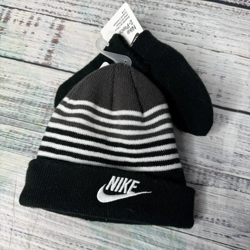 Nike Beanie and Mitten Set Black Stripes NEW Baby 12/24 Months